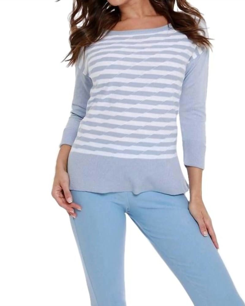 Front of a model wearing a size LG Double Striped Sweater in Sky Blue/White in Sky Blue/White by ANGEL. | dia_product_style_image_id:327624